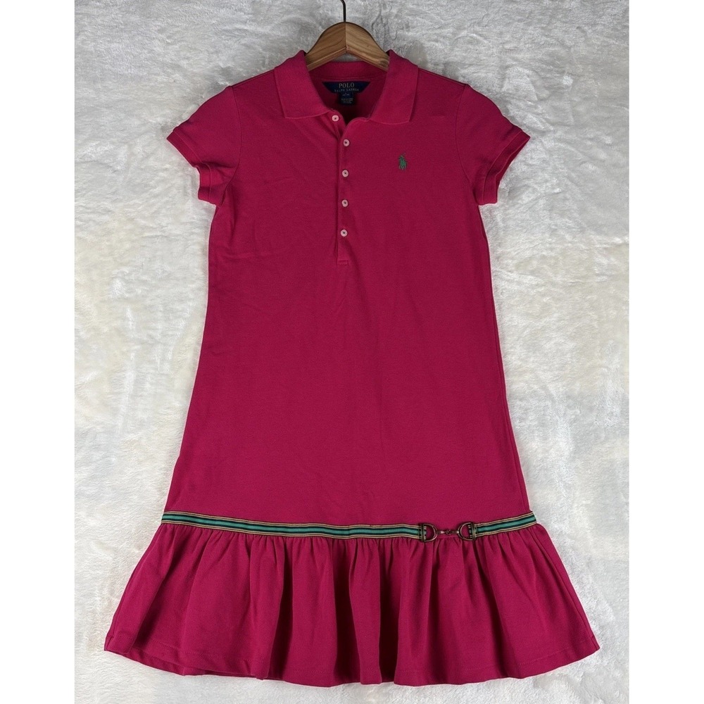 Polo Ralph Lauren Girls L (12-14) Polo Neck Drop Waist Pink Dress Striped Accent